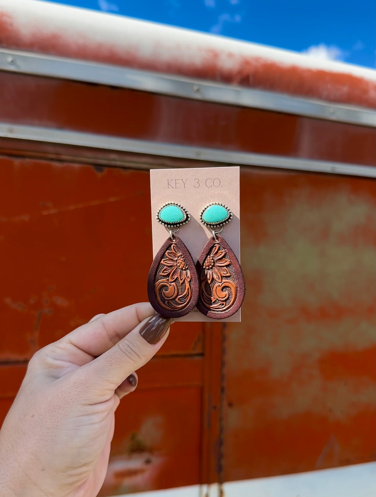 Turquoise and Hand Tooled Leather Teardrop Earrings