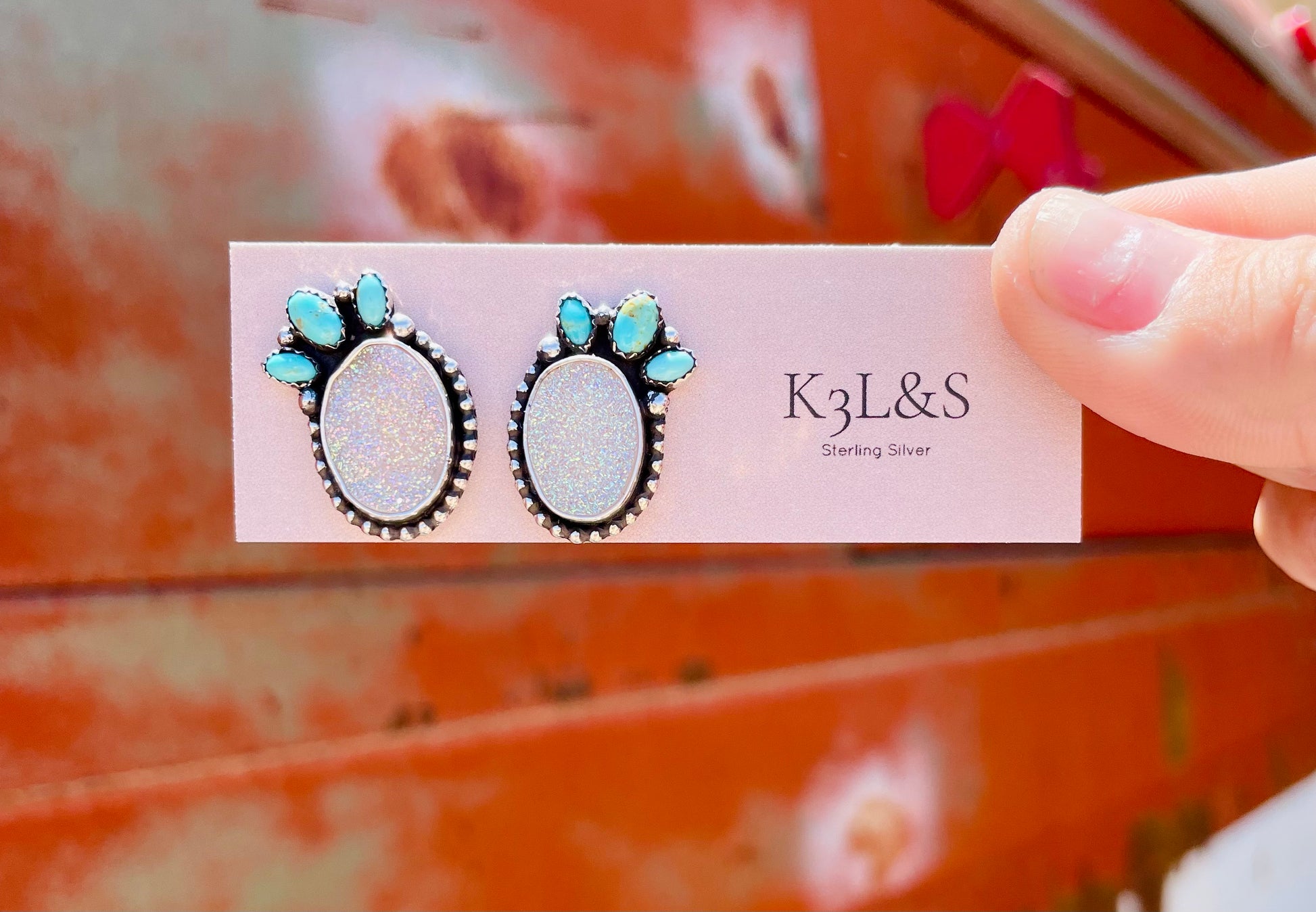 White Druzy Turquoise Stud Earrings image 0