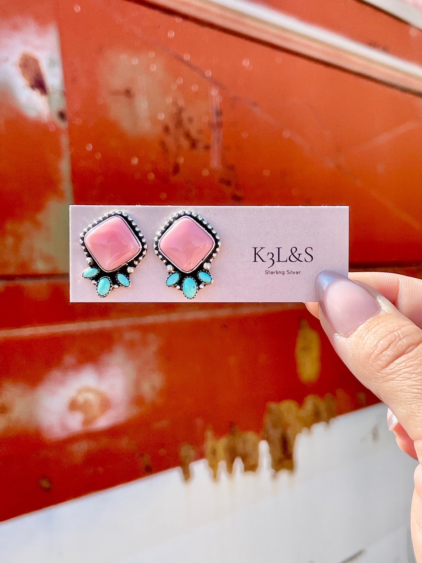 Square Summer Pink/Turquoise Stud Earrings image 2