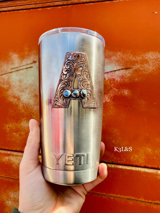 Hand Engraved with Golden Hills Turquoise Letter A 20oz Yeti image 0