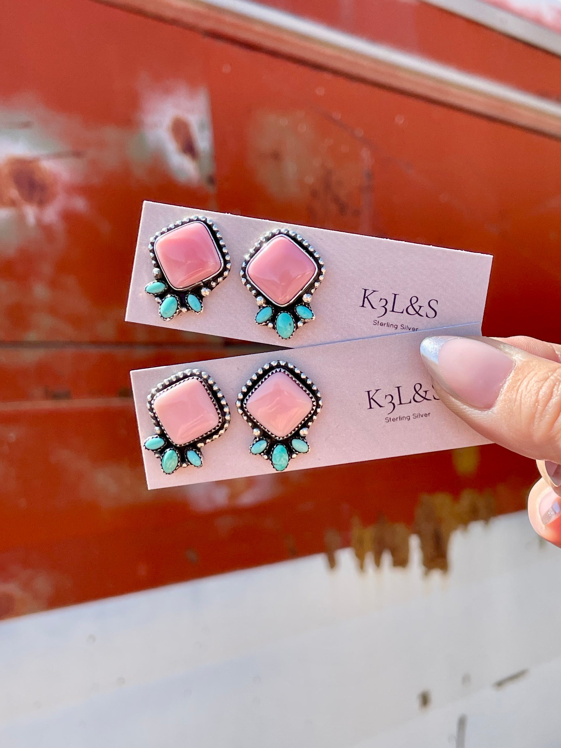 Square Summer Pink/Turquoise Stud Earrings image 0