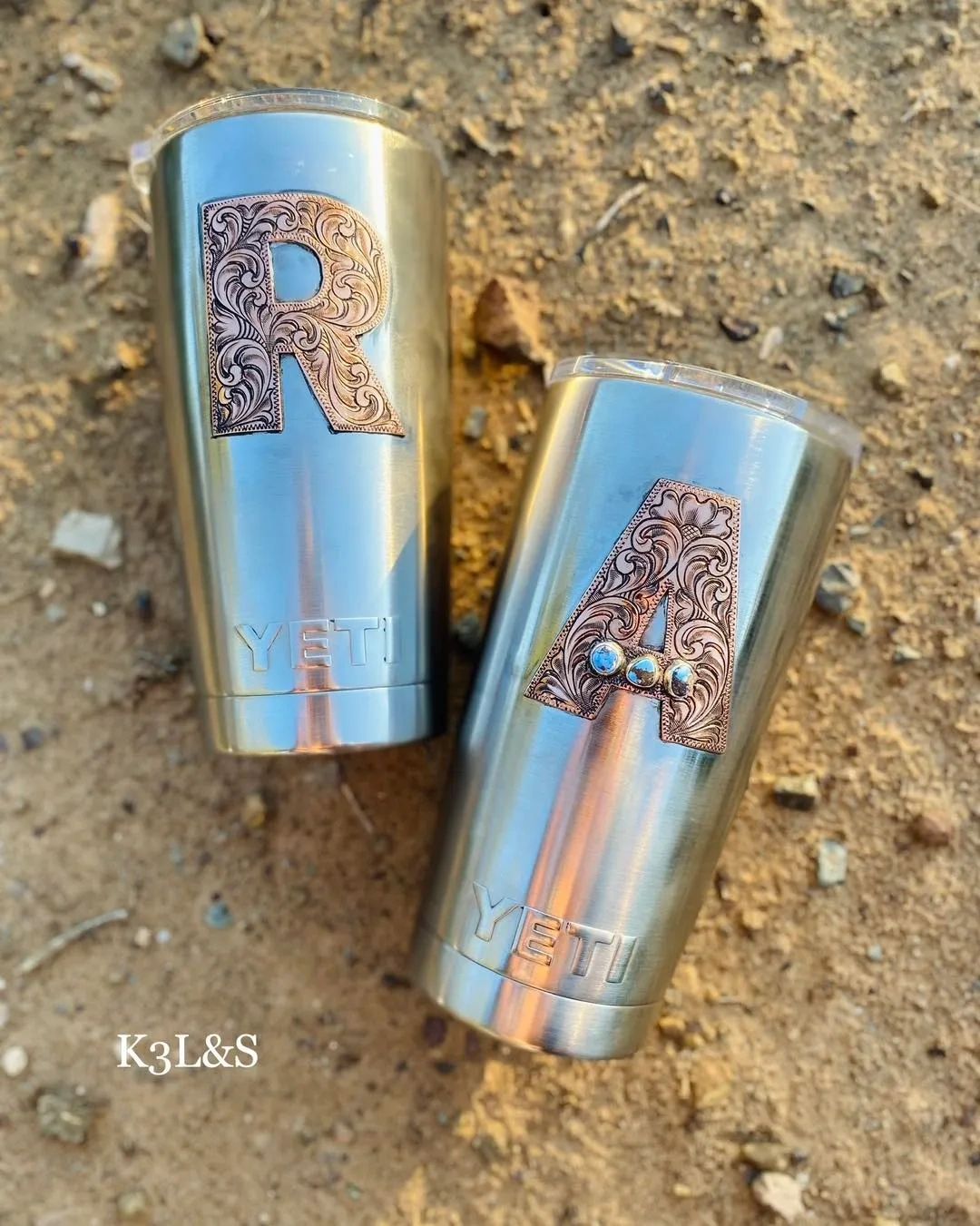 Hand Engraved with Golden Hills Turquoise Letter A 20oz Yeti image 2