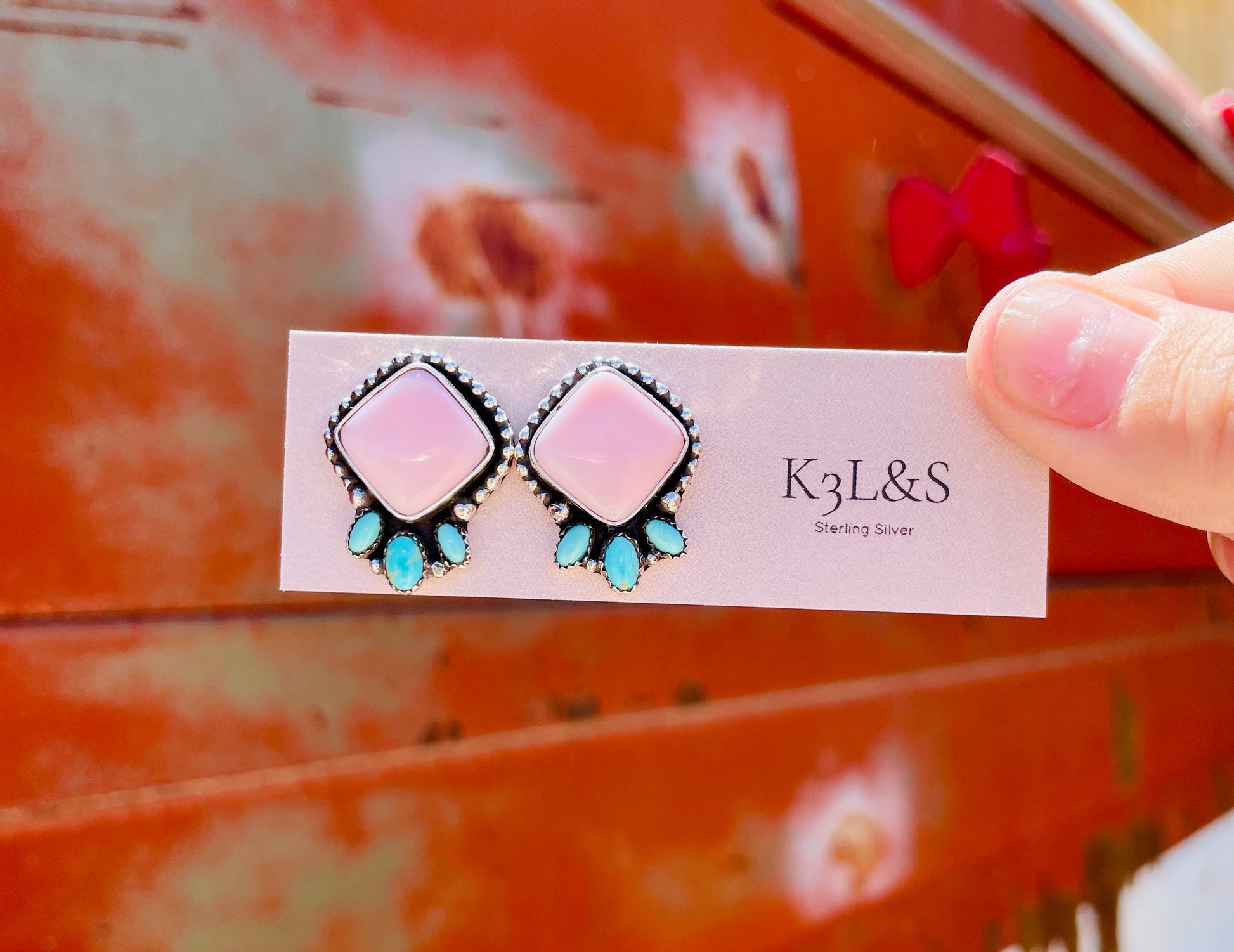 Square Summer Pink/Turquoise Stud Earrings image 1