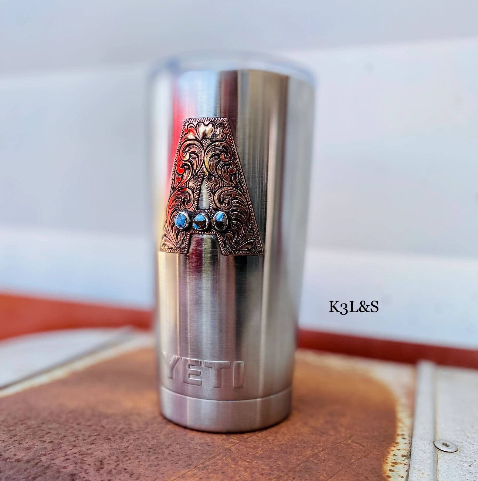 Hand Engraved with Golden Hills Turquoise Letter A 20oz Yeti image 1